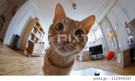 AI-generated content. Curious ginger cat looking at the camera on a wooden floor 112949387