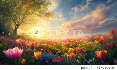 Beautiful blooming meadow with colorful flowers, tropical birds, tree and bushy clouds. Fantastic landscape. Magic paradise. Copy space. Beautiful blooming meadow with colorful flowers, tropical birds, tree and bushy clouds. Fantastic landscape. Magic paradise. Copy space. 112949416