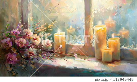 Candles and flowers on window in pastel colors. Cozy seasonal decorations on window sill. Relax, hygge, spring, harmony, meditation, life balance concept. 112949449