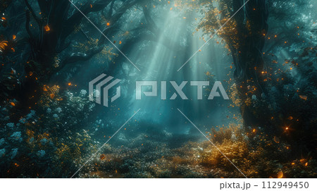 Magical forest with blue light and sparkle effects, creating an atmosphere of magic and mystery. Futuristic landscape background. Magical forest with blue light and sparkle effects, creating an atmosphere of magic and mystery. Futuristic landscape background. 112949450