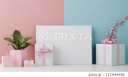 Rectangular blank paper with gifts and plants on pink and blue background. Card for advertising mockup. Copy space for text. Vibrant, minimalistic editorial aesthetic. Rectangular blank paper with gifts and plants on pink and blue background. Card for advertising mockup. Copy space for text. Vibrant, minimalistic editorial aesthetic. 112949480