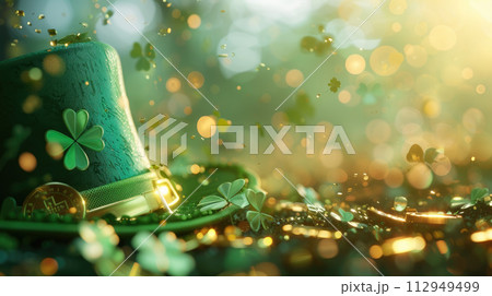 St. Patrick's Day background with green hat, gold coins and clover leaves. Blured bokeh light effect. Copy space. St. Patrick's Day background with green hat, gold coins and clover leaves. Blured bokeh light effect. Copy space. 112949499