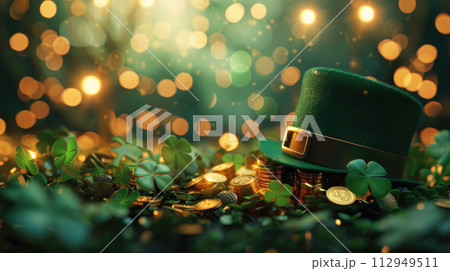 St. Patrick's Day background with green hat, gold coins and clover leaves. Blured bokeh light effect. Copy space. St. Patrick's Day background with green hat, gold coins and clover leaves. Blured bokeh light effect. Copy space. 112949511