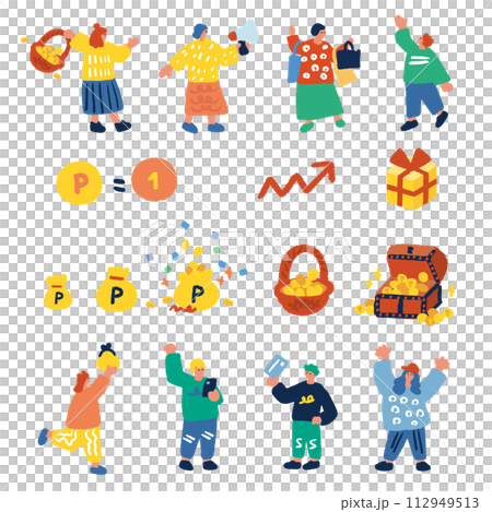 ポイントやコインと人々の手描きイラスト ポイントやコインと人々の手描きイラスト 112949513