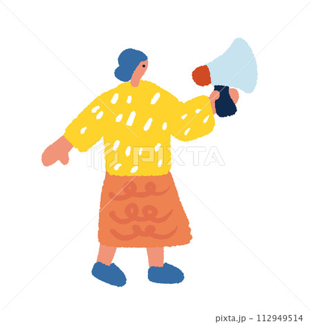 スピーカーでアナウンスをする女性の手描きイラスト スピーカーでアナウンスをする女性の手描きイラスト 112949514