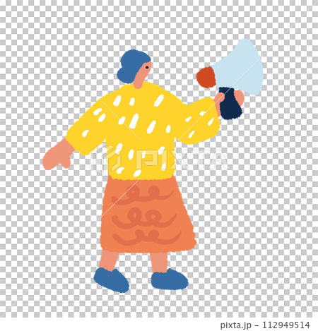 スピーカーでアナウンスをする女性の手描きイラスト スピーカーでアナウンスをする女性の手描きイラスト 112949514