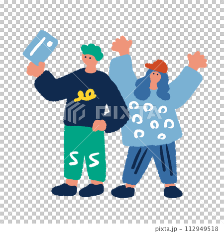 Hand drawn illustration of a happy woman with credit card 112949518