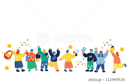 ポイントやコインと人々の手描きイラスト 112949520