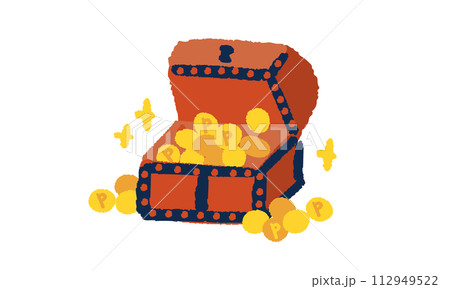 ポイントやコインと宝箱の手描きイラスト ポイントやコインと宝箱の手描きイラスト 112949522