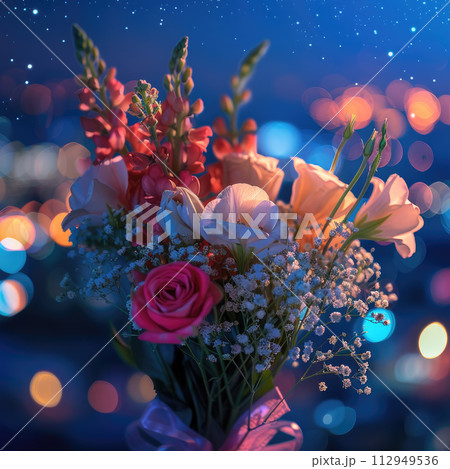 Flowers on night city background. Beautiful roses bouquet. Bokeh effect. Nature background. 112949536