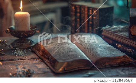 Old open book on a wooden table. Ethereal pages and candle. Fabulous magic atmosphere. Ancient library, antique literature, reading concept. Medieval and mystical vintage background. 112949567