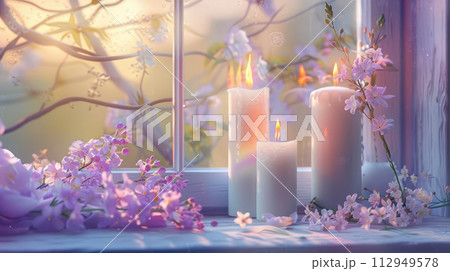 Candles and flowers on window in pastel colors. Cozy seasonal decorations on window sill. Relax, hygge, spring, harmony, meditation, life balance concept. 112949578