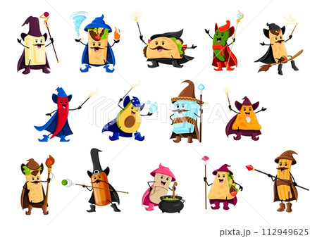 Cartoon Halloween tex mex food wizard and mage characters. Vector tequila, tacos, burrito or jalapeno pepper. Enchiladas, avocado or pulque and mezcal. Nachos, tamales, quesadilla and churros warlocks 112949625