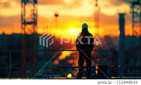 Builder worker silhouette in a work helme standing on a construction site, against a sunset background. Builder worker silhouette in a work helme standing on a construction site, against a sunset background. 112949634