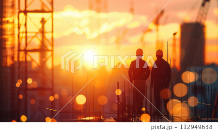 Builder workers silhouettes on a construction site, against a sunset or sunrise background. Builder workers silhouettes on a construction site, against a sunset or sunrise background. 112949638