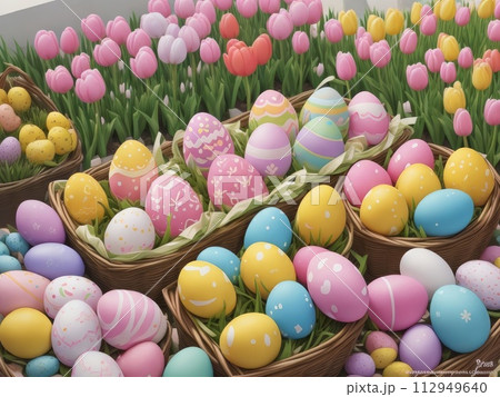 Colorful easter eggs in a baskets and tulip flowers. Happy Easter Concept for Design, Postcard, Banner. 112949640