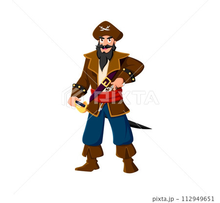 Cartoon sailor and skipper pirate character, boatswain and captain corsair or filibuster in tricorn hat. Isolated vector rover personage holding saber, ready for sea adventures and treasure hunts 112949651