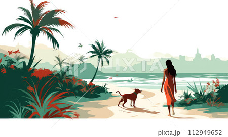 Woman walks her dog on the beach. Tropical landscape in flat style. 112949652