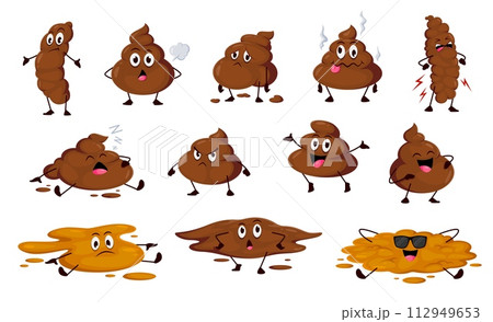 Poo happy, angry, sleeping and foolish cartoon emoji. Excrement cartoon personages, foolish toilet shit isolated vector emoticon or poop cute characters. Sad, angry and happy poo funny emoji set 112949653