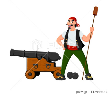 Cartoon pirate and corsair gunner character with cannon. Isolated vector swashbuckling sailor brandishes a gun charging stick with a mischievous grin, fiercely aims a cannon, ready for sea adventures 112949655