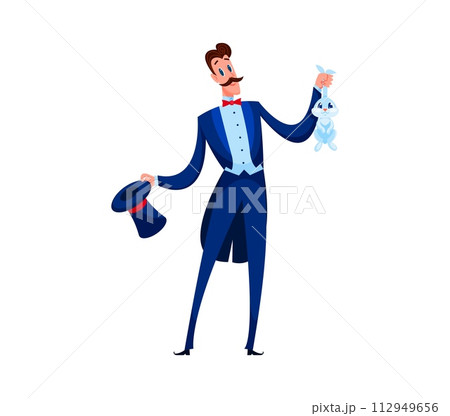 Cartoon magician shapito circus character masterfully conjures a rabbit from empty top hat, enchanting awed audience. Isolated vector flamboyant mustached conjurer wears tuxedo perform in big top tent 112949656