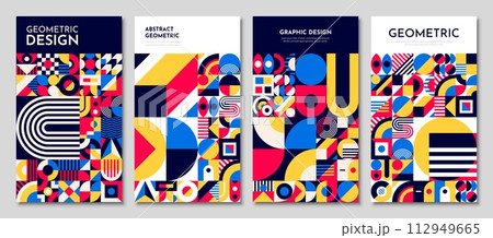Abstract template posters with bauhaus geometric pattern. Modern vector backgrounds, covers with retro minimal geometry shapes, forms, lines in vibrant color for exhibit art, magazine, journal, album Abstract template posters with bauhaus geometric pattern. Modern vector backgrounds, covers with retro minimal geometry shapes, forms, lines in vibrant color for exhibit art, magazine, journal, album 112949665