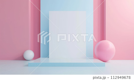 Rectangular blank board on podium with balls in pink and blue colors. Card for advertising mockup. Copy space for text. Vibrant, minimalistic editorial aesthetic. 112949678