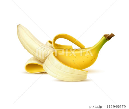 Realistic isolated banana fruit. Isolated 3d vector ripe elongated, slightly curved tropical banana fruit with soft, creamy flesh and yellow peel. Food with high potassium content and sweet flavor Realistic isolated banana fruit. Isolated 3d vector ripe elongated, slightly curved tropical banana fruit with soft, creamy flesh and yellow peel. Food with high potassium content and sweet flavor 112949679