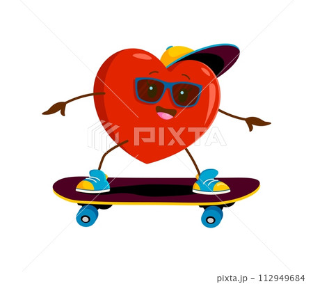 Cartoon heart character on skateboard. Isolated vector lively Valentines day personage joyfully rides a longboard, radiating love and excitement with cheerful expression, spreads positivity on wheels Cartoon heart character on skateboard. Isolated vector lively Valentines day personage joyfully rides a longboard, radiating love and excitement with cheerful expression, spreads positivity on wheels 112949684
