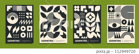 Monochrome modern abstract posters with geometric patterns, vector cover templates. Retro geometric design or vintage mosaic art style pattern or minimal simple shapes and retro colors with headers Monochrome modern abstract posters with geometric patterns, vector cover templates. Retro geometric design or vintage mosaic art style pattern or minimal simple shapes and retro colors with headers 112949720