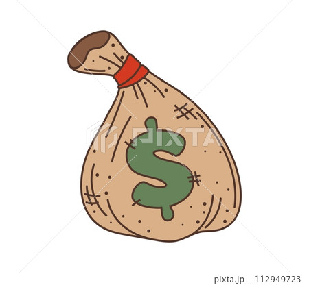 Money bag wild west western groovy item. Isolated vector sturdy canvas sack, used to carry coins or banknotes, marked with a dollar sign. Retro vintage nostalgic style game asset with american cash Money bag wild west western groovy item. Isolated vector sturdy canvas sack, used to carry coins or banknotes, marked with a dollar sign. Retro vintage nostalgic style game asset with american cash 112949723