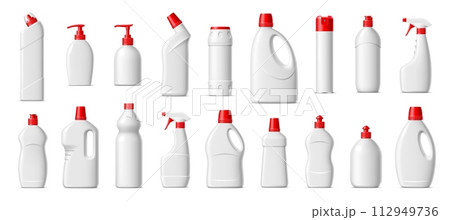 Realistic cleanser, liquid soap bottle and detergent container package mockup, vector household cleaning products. 3d blank white plastic containers of laundry detergent, bleach and toilet cleaner gel 112949736