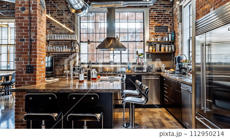 AI-generated content. Modern Urban Kitchen With Exposed Brick Walls and Industrial Accents 112950214