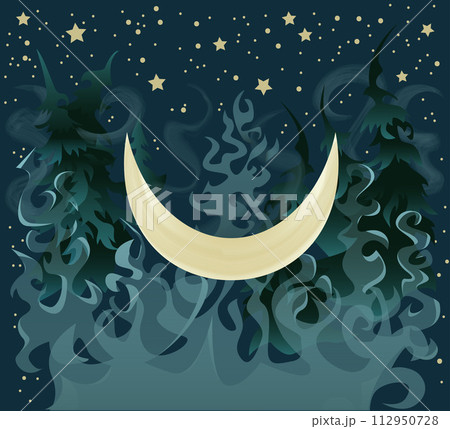 Fantasy vector illustration with moon, magic forest and smoke in the darkness against background with night sky and stars, cartoon flat design art  112950728