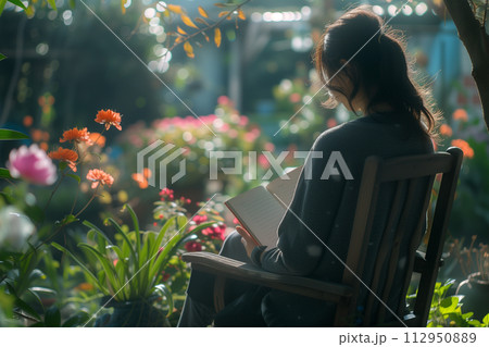 Woman reading book while sitting on chair in garden 112950889