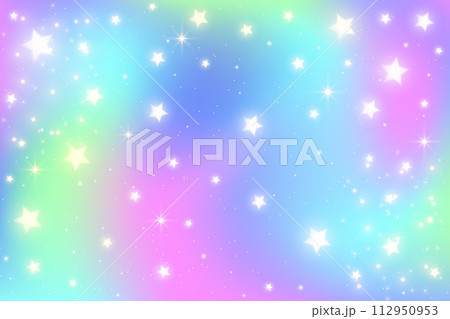 Rainbow unicorn background with glitter and stars. Pastel holographic sky with magic gradient texture. Vector iridescent wallpaper with sparkles 112950953