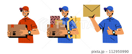 Delivery man or courier character with box and cap Delivery man or courier character with box and cap 112950990