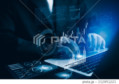 Data analysis and software development, business financial graph growth and global marketing network. innovative big data science and big data strategy, digital technology economy on virtual screen. 112951221