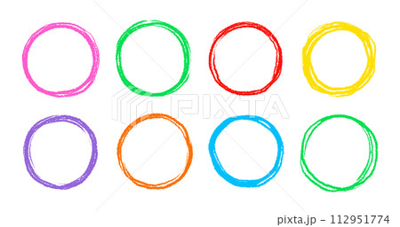 Scribble circle round vector frame. Hand drawn rough scribble effect line. Children color crayon brush stroke frame. Scribble hand drawn grunge doodle color circle set. Vector 112951774