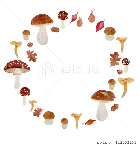 Wild mushroom watercolor wreath isolated on white. Porcini, Chanterelle, Fly agaric and Collybia nuda 112952153