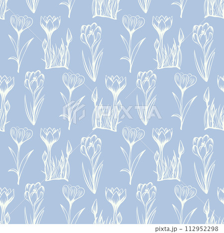 Seamless pattern with spring and summer colors. Sketch-style crocus hand-drawn on blue background Seamless pattern with spring and summer colors. Sketch-style crocus hand-drawn on blue background 112952298