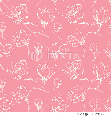 Seamless pattern with spring and summer colors. Sketch-style magnolia hand-drawn on pink background Seamless pattern with spring and summer colors. Sketch-style magnolia hand-drawn on pink background 112952299