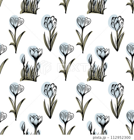 Seamless pattern with spring and summer colors. Sketch-style crocus hand-drawn on white background 112952300