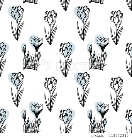 Seamless pattern with spring and summer colors. Sketch-style crocus hand-drawn on white background 112952313