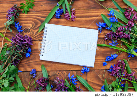 Blank notepad and bouquet of purple corydalis flowers and blue scilla flowers on wooden background 112952387