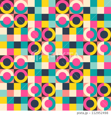 Vector bright summer seamless pattern assembled from squares with geometric ornaments. Vector endless background in modern style 112952498