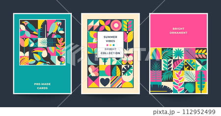 Collection of three trendy vector bright cards with patterns assembled from squares with natural elements and geometric ornament. 112952499