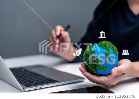 ESG environmental social governance, green earth day, investment globe sustainable cooperation nature eco renewable protection world business technology energy and manufacturing 112952576