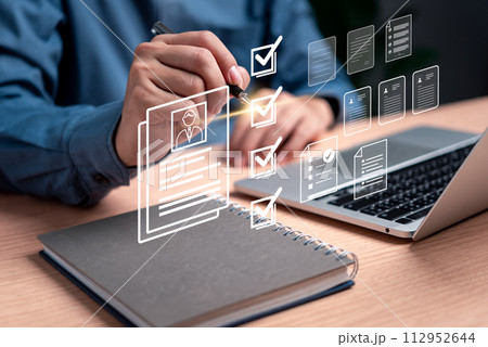 Online assessments, employment forms, and personnel selection checkboxes streamline human resource management. Survey statistics inform interview processes, enhancing personnel selection. 112952644