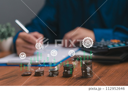 Analyzing environmental stocks and funds aligns with the ESG Environmental Social Governance investment concept. Businessman report stock market social and financial Analyzing environmental stocks and funds aligns with the ESG Environmental Social Governance investment concept. Businessman report stock market social and financial 112952646
